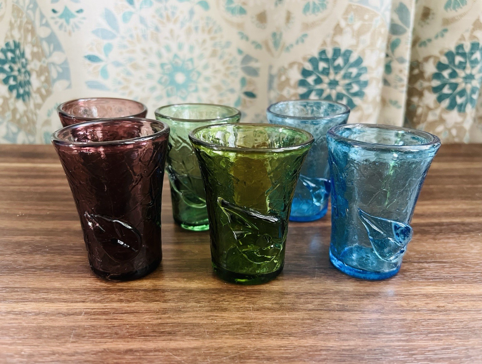 (6) Blenko Hand Blown Art Glass Crackle Shot Glass Set 3D Leaf Design Multicolor
