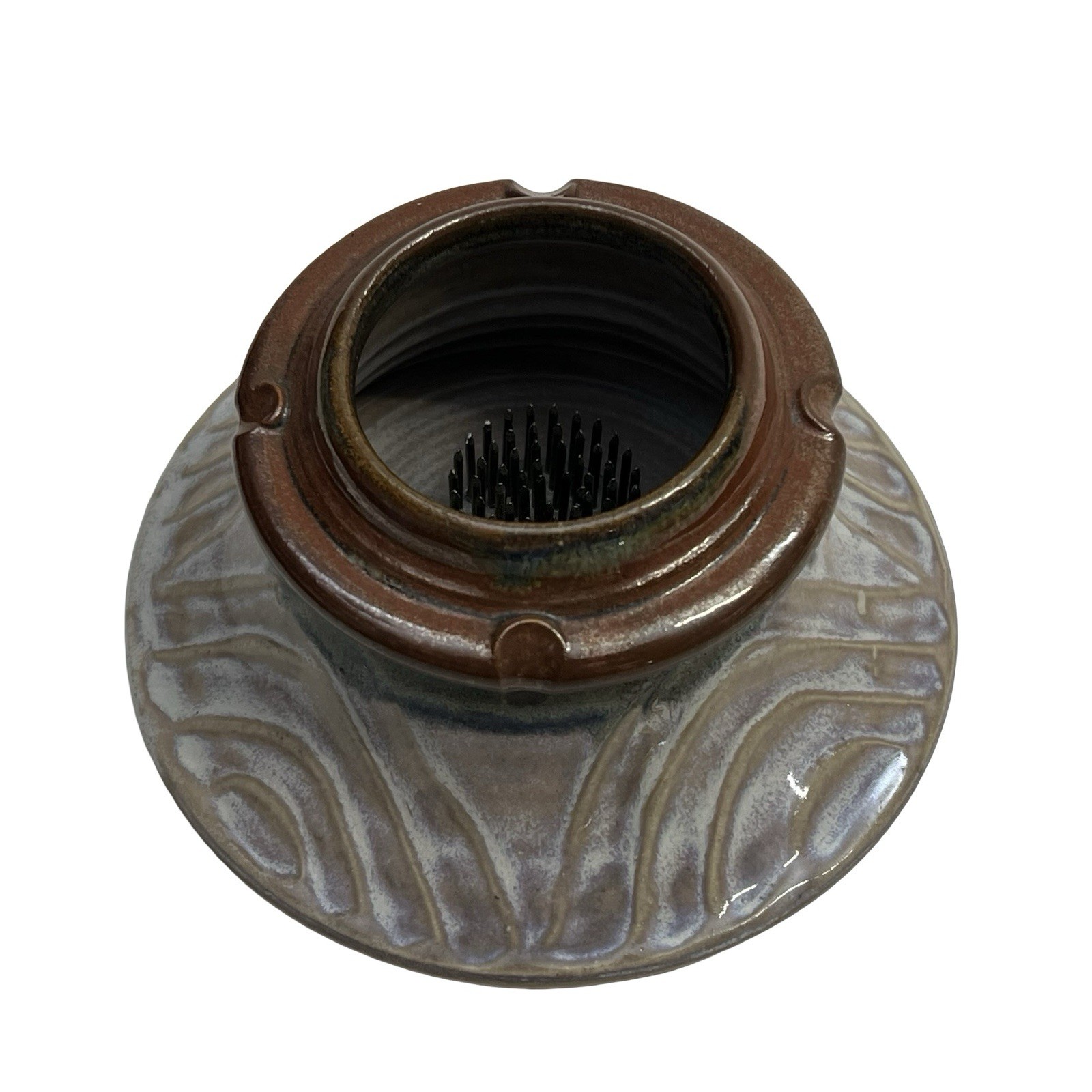 La Pointe California Pottery Flower Frog W/Metal Spikes Earth Tones Hand Crafted