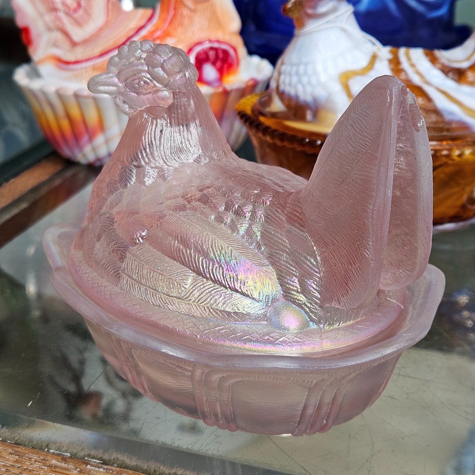 Fenton Hen On Nest in Pink Iridescent Carnival Glass
