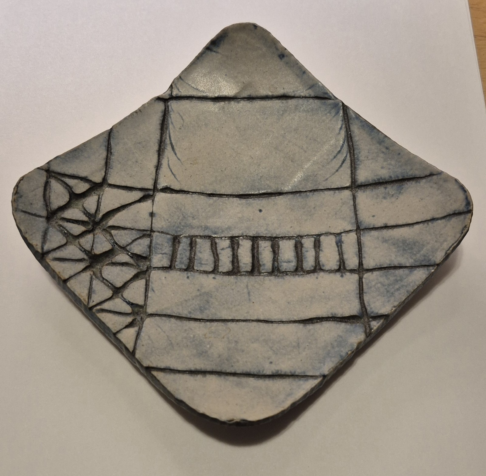 Small Unique Handmade Flat Dish Blue/Grey Signed By Artist 4.75″ X 4.75″