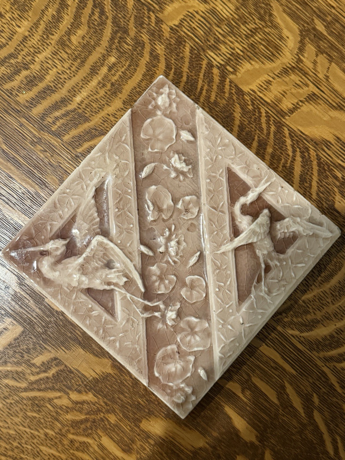 ANTIQUE SIGNED TRENT POTTERY CERAMIC DUSTY PINK TILE WITH HERONS & LILIES 6 1/8”
