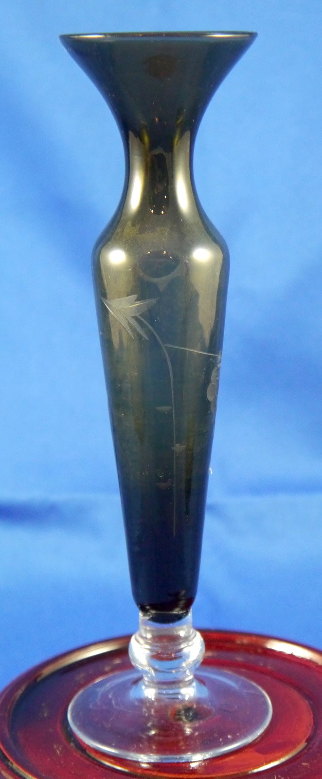 Gray Glass Rose Vase w/ Etched Grape & Vine Design. Clear Foot and Knop. 8.25″
