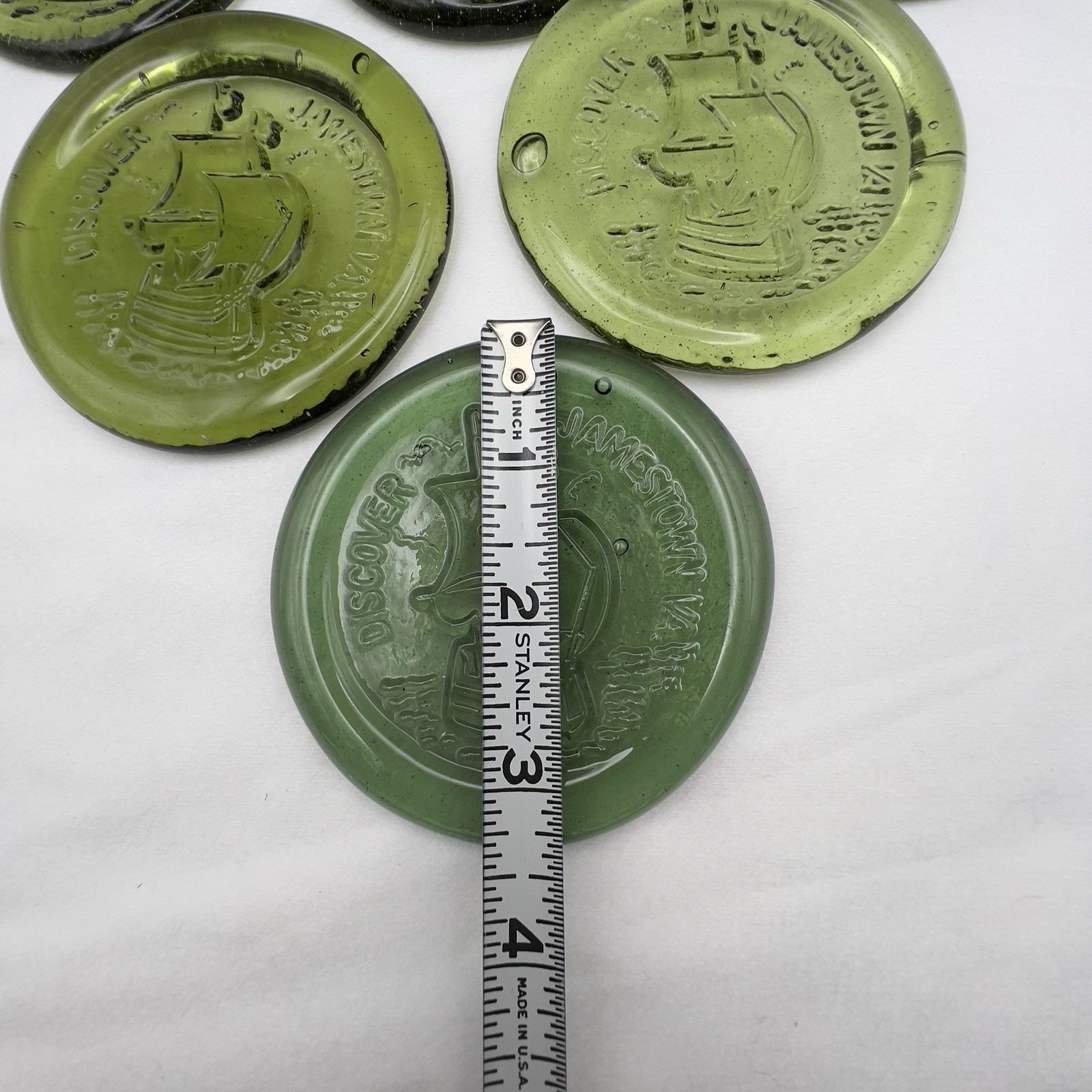 Vintage Jamestown Green Glass Paperweight Coaster ~ Set of 6