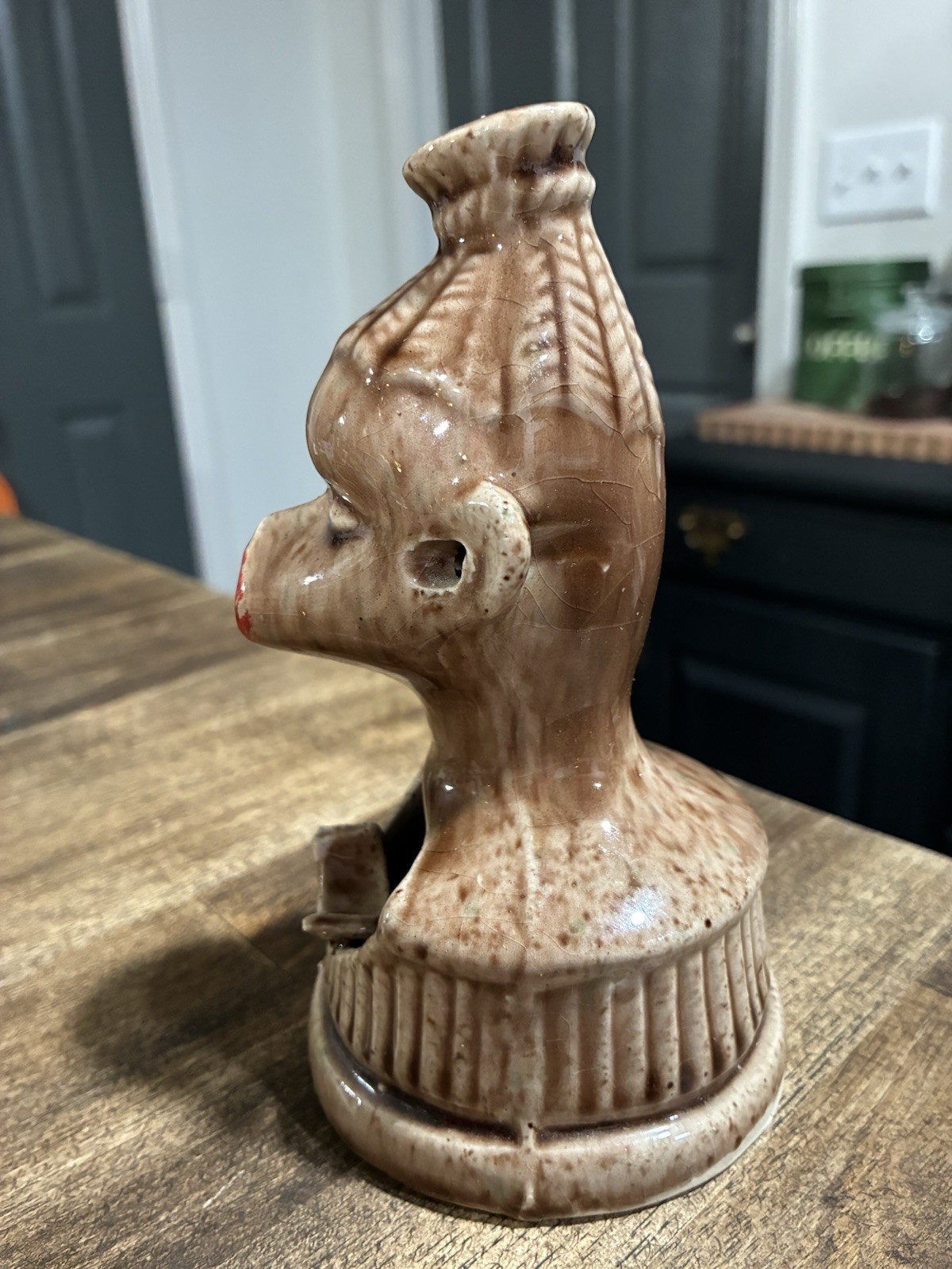 Ceramic Figural Head Ashtray Art Pottery Glossy Brown Beige Red 5.5 In