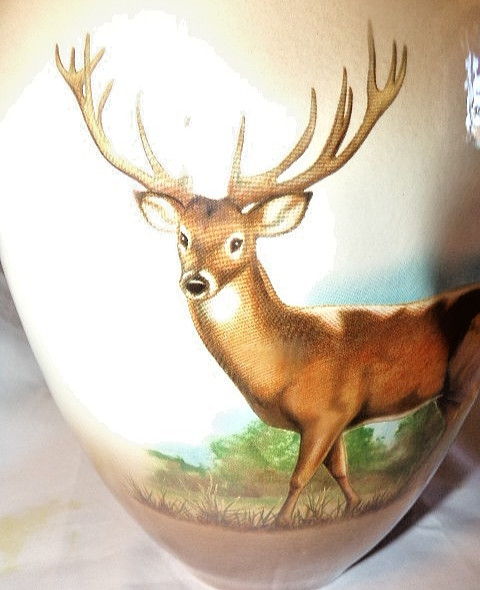 Porcelain Ginger Jar Urn Apothecary Jar Vase & Lid w/ DEER STAG Transfer 11.5″