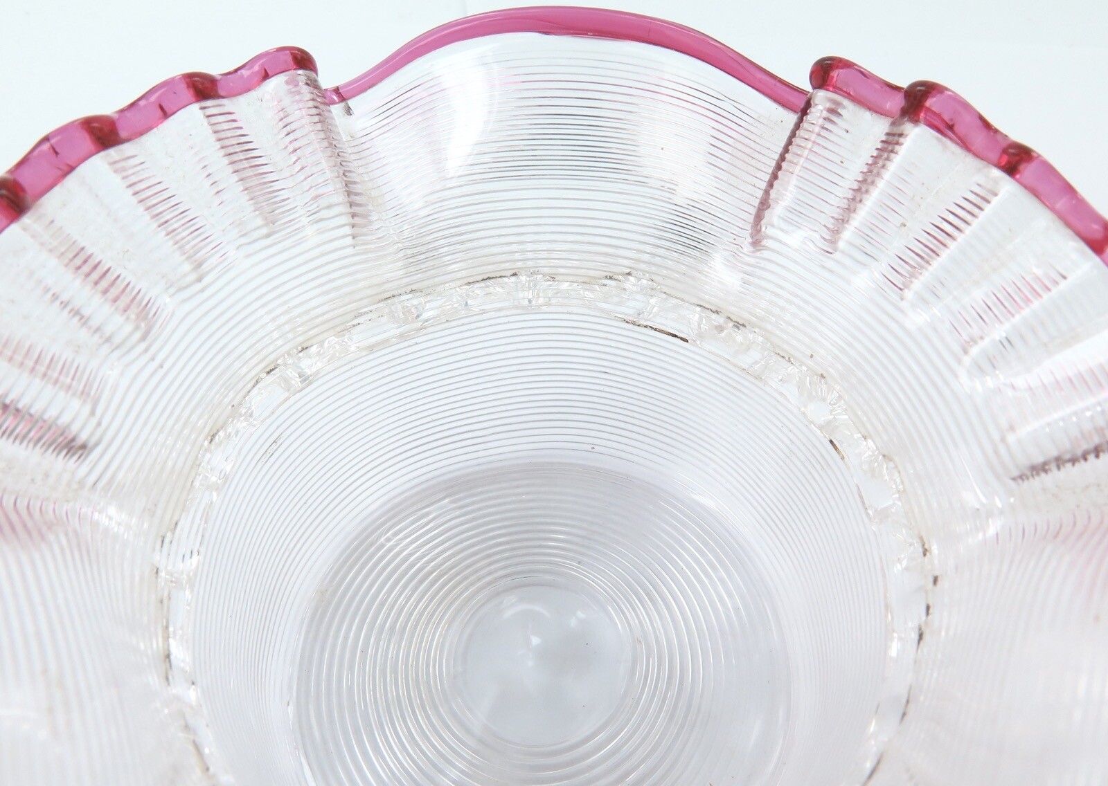 Late Victorian / Edwardian Threaded & Ruffle Glass Small Bowl with Cranberry Rim