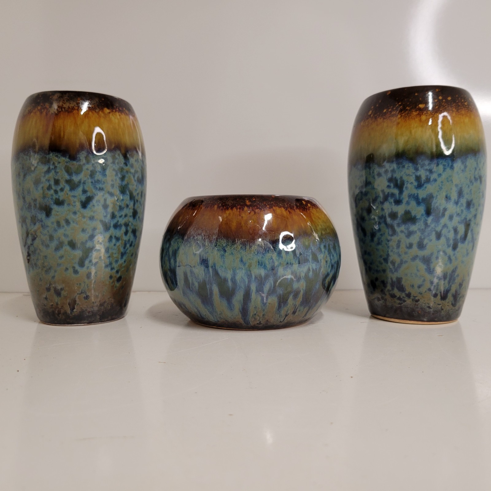 Lot of 3 Ceramic Vase Planter Set With Blue & Brown Glaze Finish