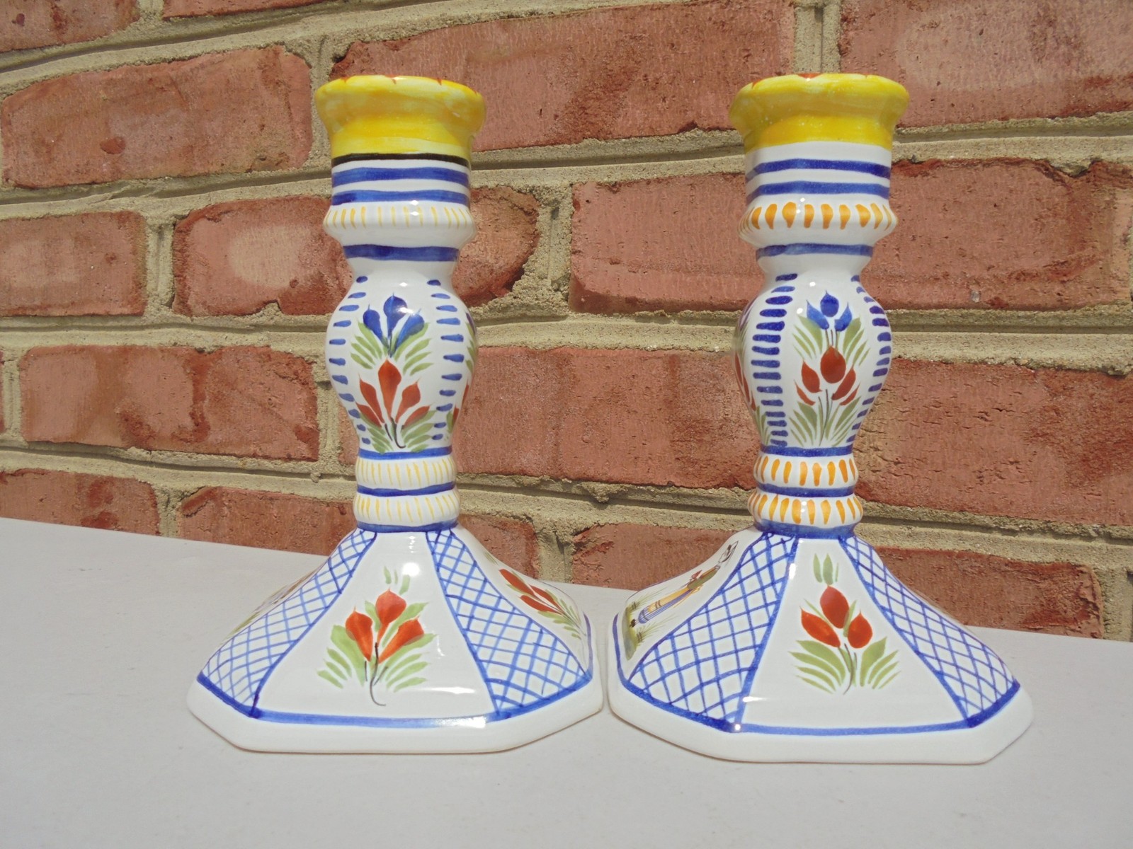 Pr Henriot Quimper France Pottery Mistral Peasant Candlesticks 5 3/4″ Excellent