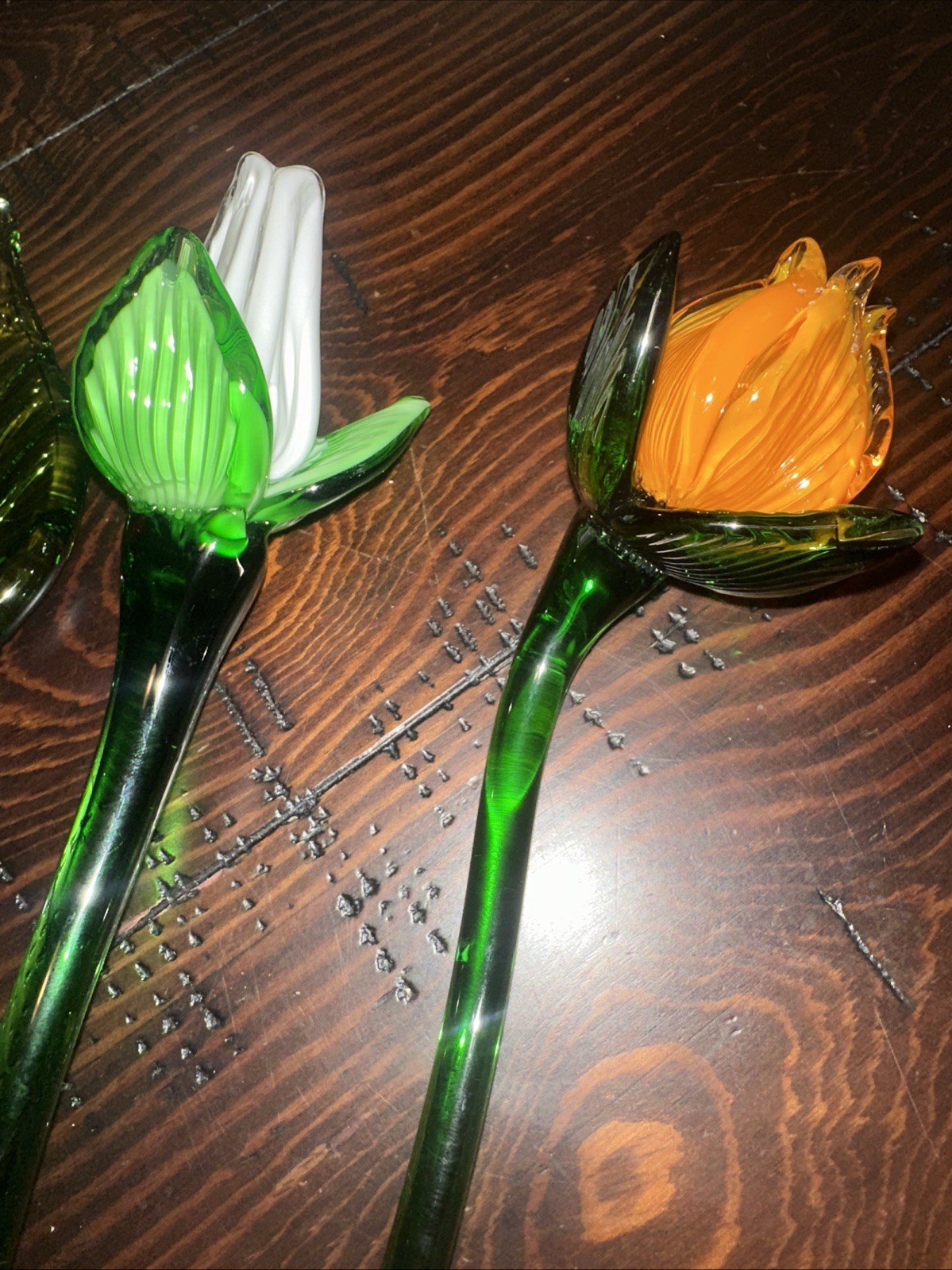 4 Pc VTG Hand Blown Art Glass Flowers 11.5” Stem + 1 Leaf Murano Style