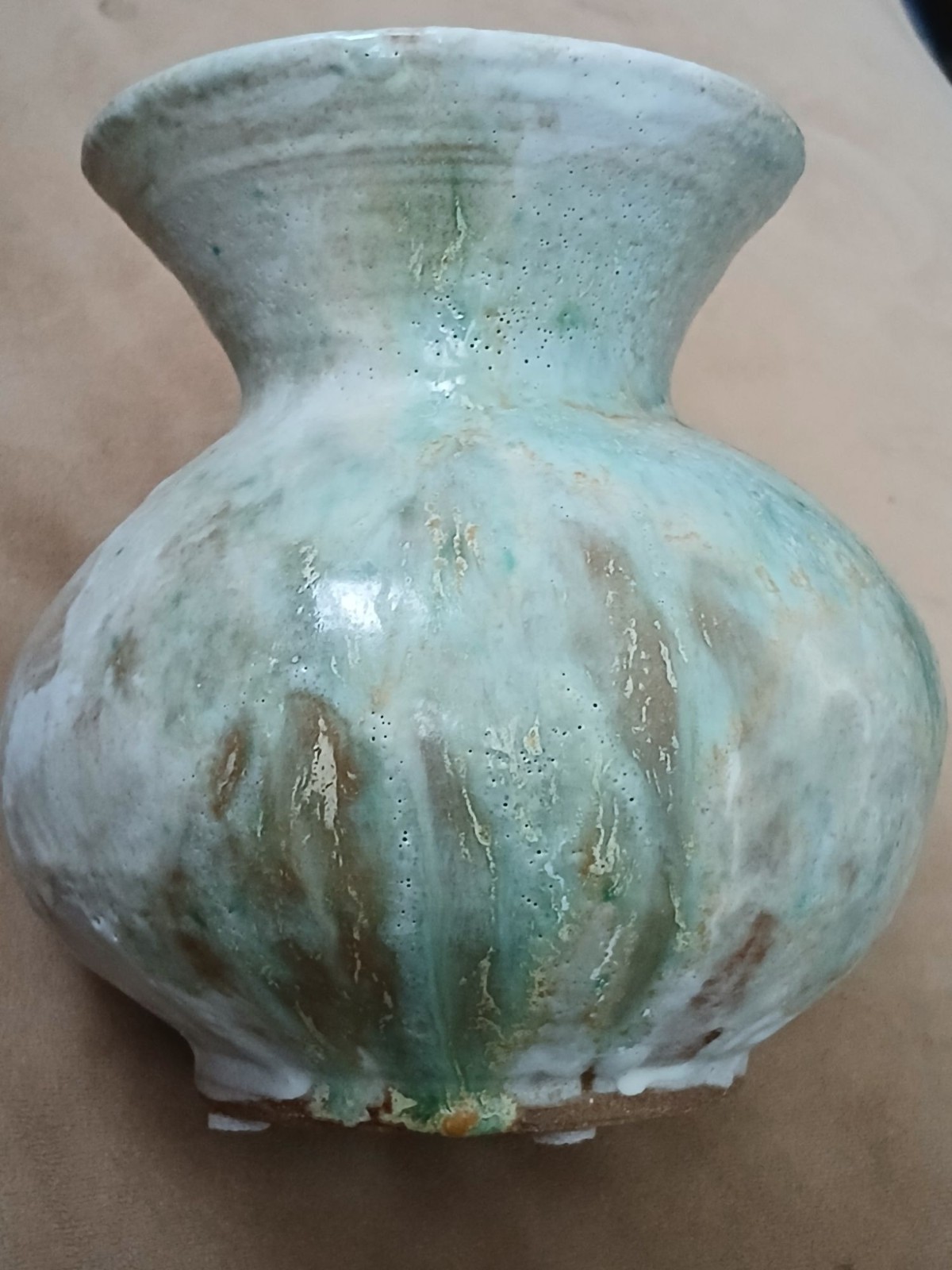 Handcrafted Ceramic Vase Signed A. Brauer ’95 Green & Beige Glaze Finish 6.5″