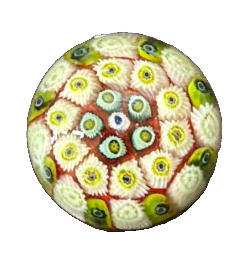 Vtg Strathearn Millefiori Glass Paperweight Floral Red Green White Scotland 1.5”