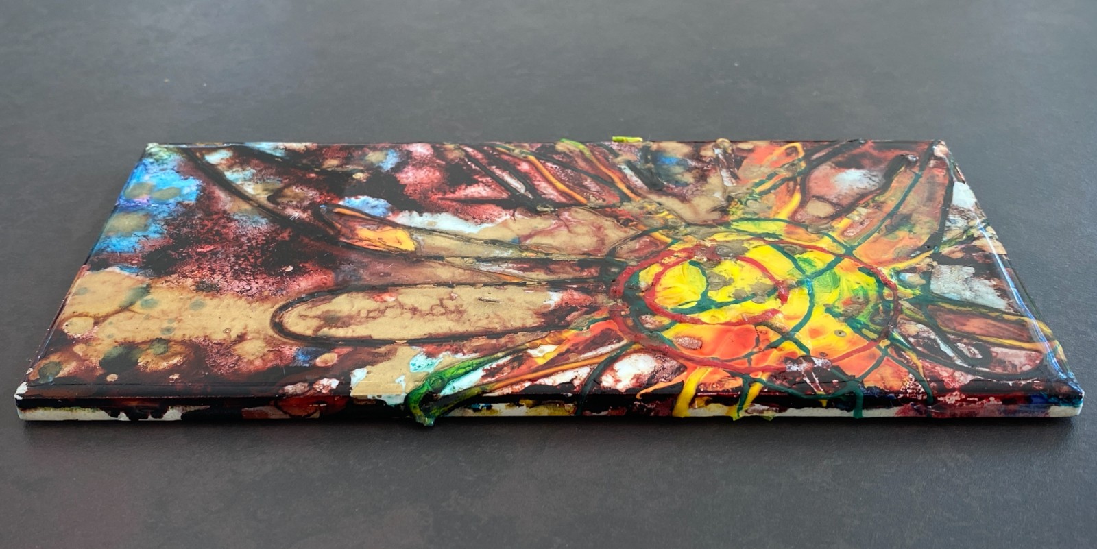 Sunflower Ceramic Art Tile (8.5×4.25″) Abstract Mixed Media Resin Artwork Decor