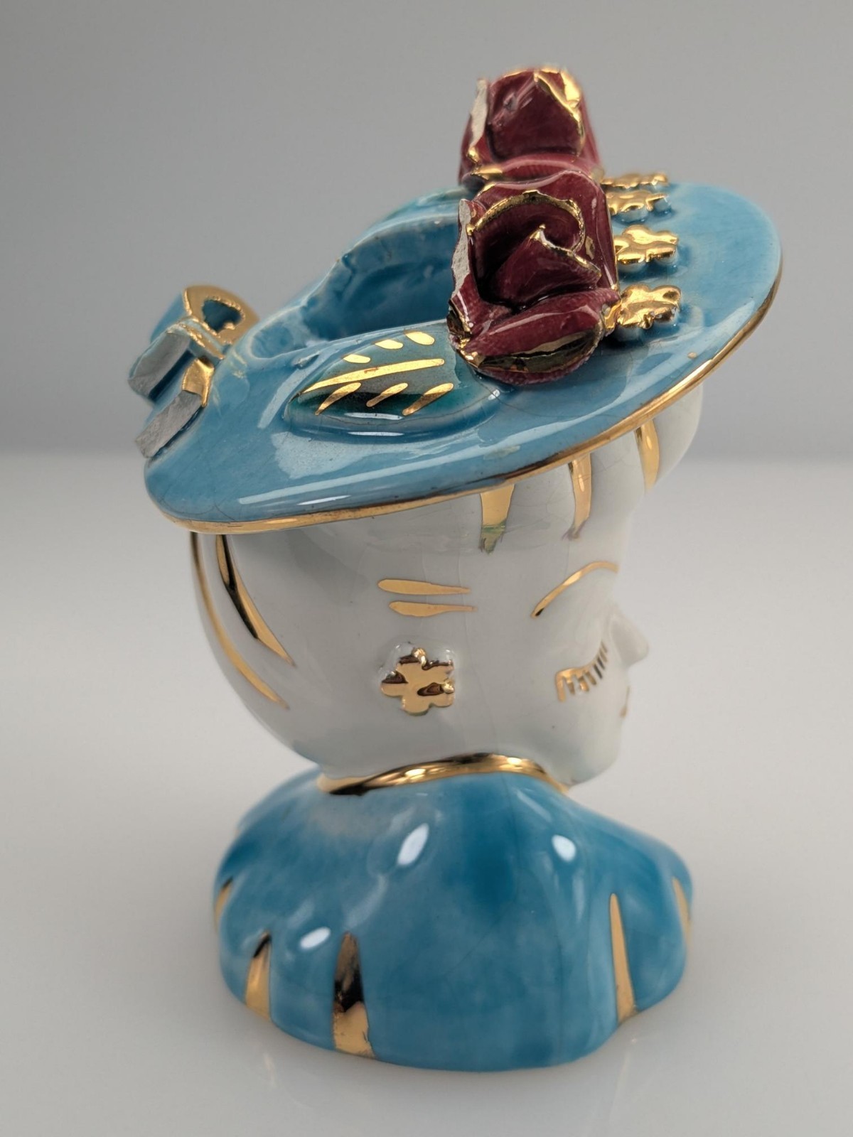 Vintage Lady Head Vase Mini Glamour Blue and Gold Broken Flowers & Bow