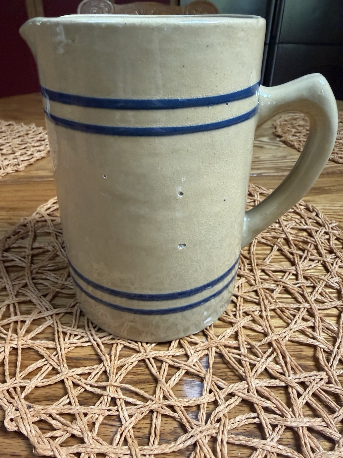 Original Buckeye Clay Fired Root beer Pitcher Yellow With Blue Stripes 1900’s