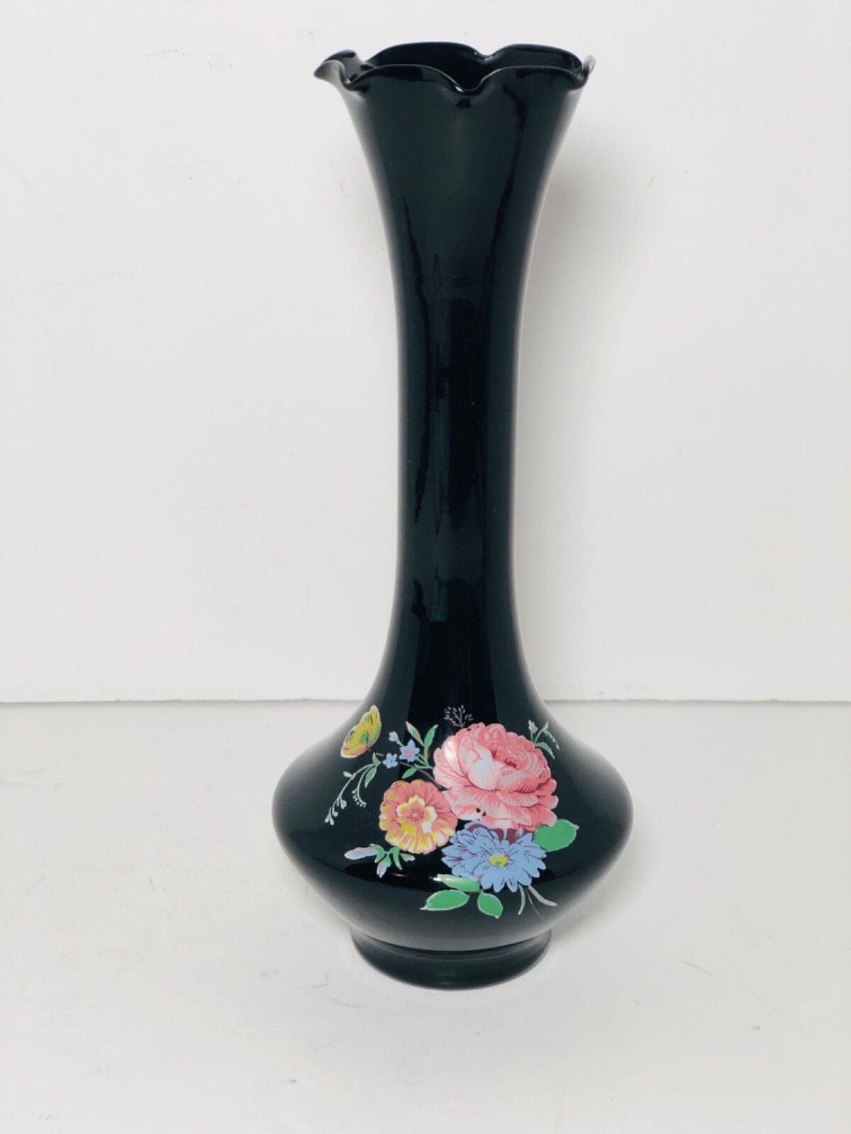 Victorian VTG Ebony Black Amethyst Art Glass Vase Floral Pattern Handpainted 8”