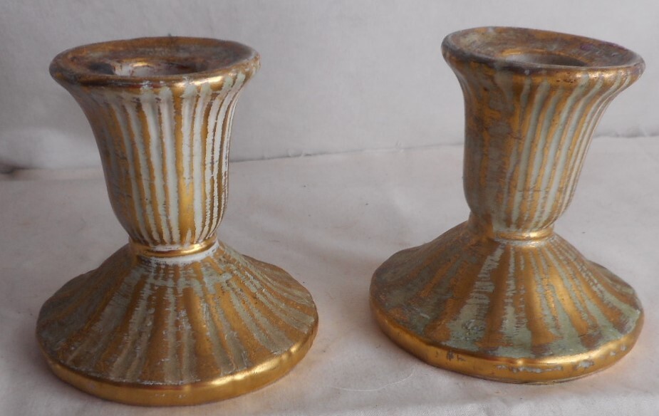 1-Pair of Stangl Pottery Candle Holders 22kt Gold Decorated 3-1/4″ x 3-1/2″ High
