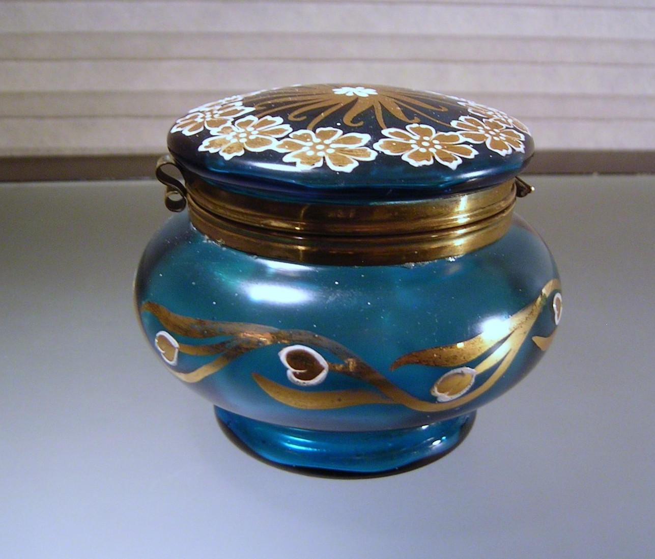 Antique Moser Style Peacock Blue & Gold Glass Dresser Box Hand Enameled