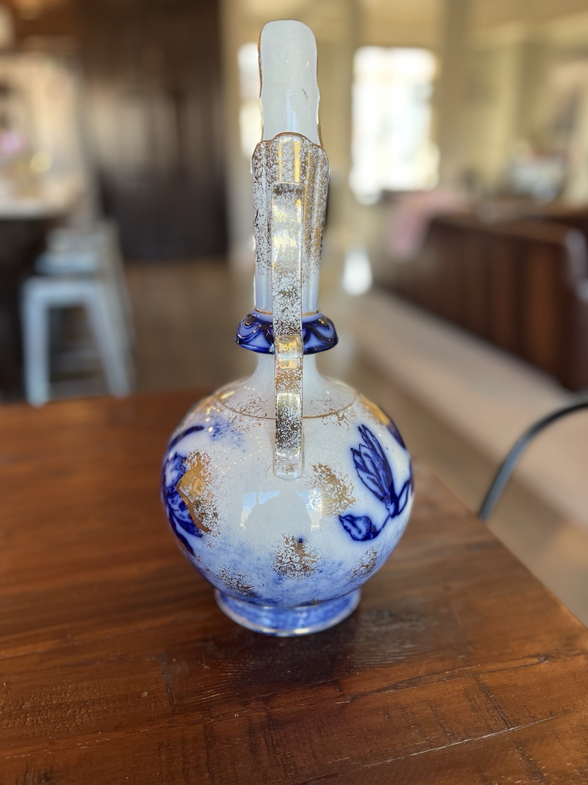 Antique Phoenix Art Faience Forester Flow Blue Gold Nouveau Vase 1890