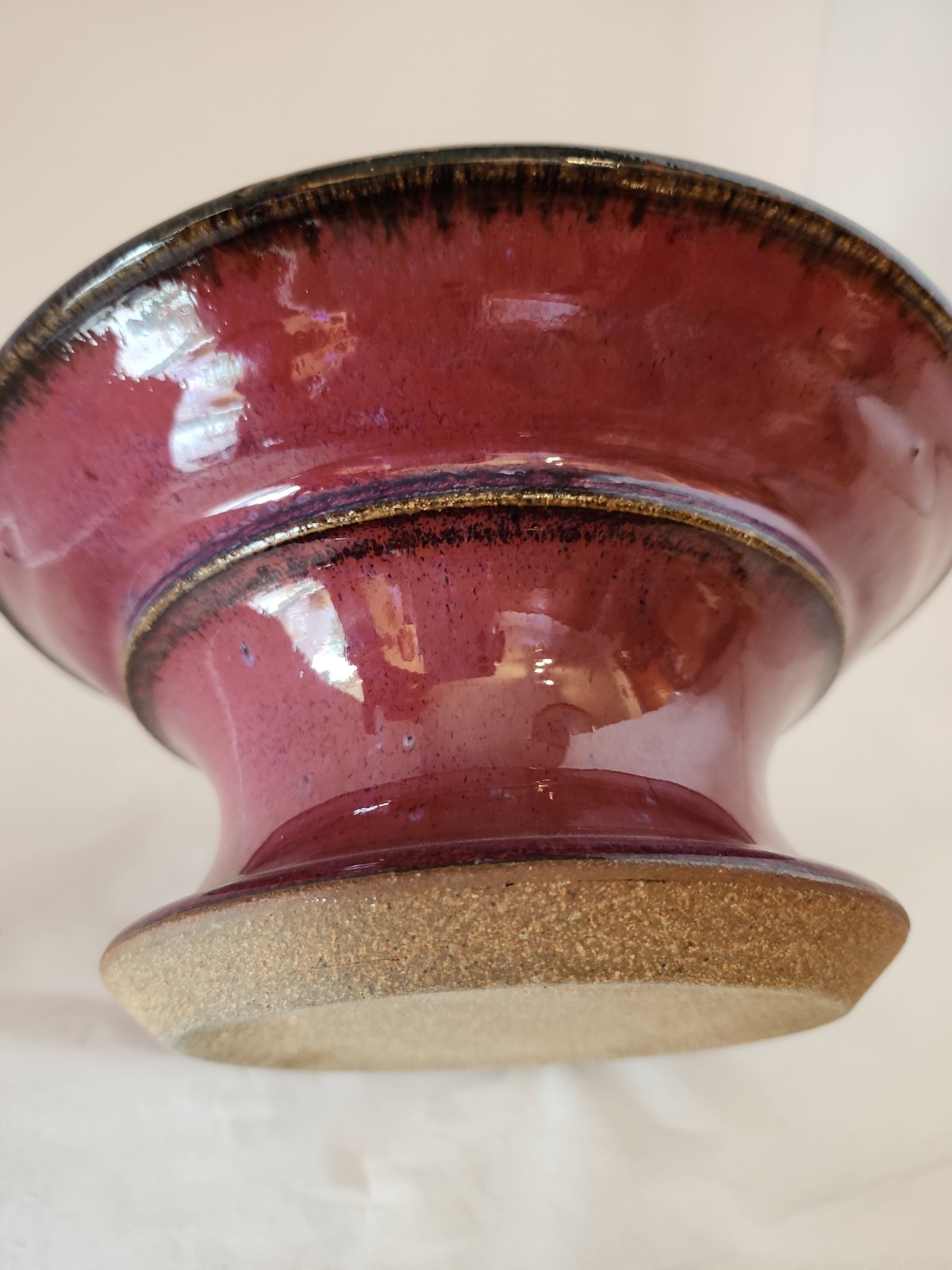 Ikebana 8.25″ Vase W Flower Frog Purples Maroon Blues Pottery Round Disc Signed
