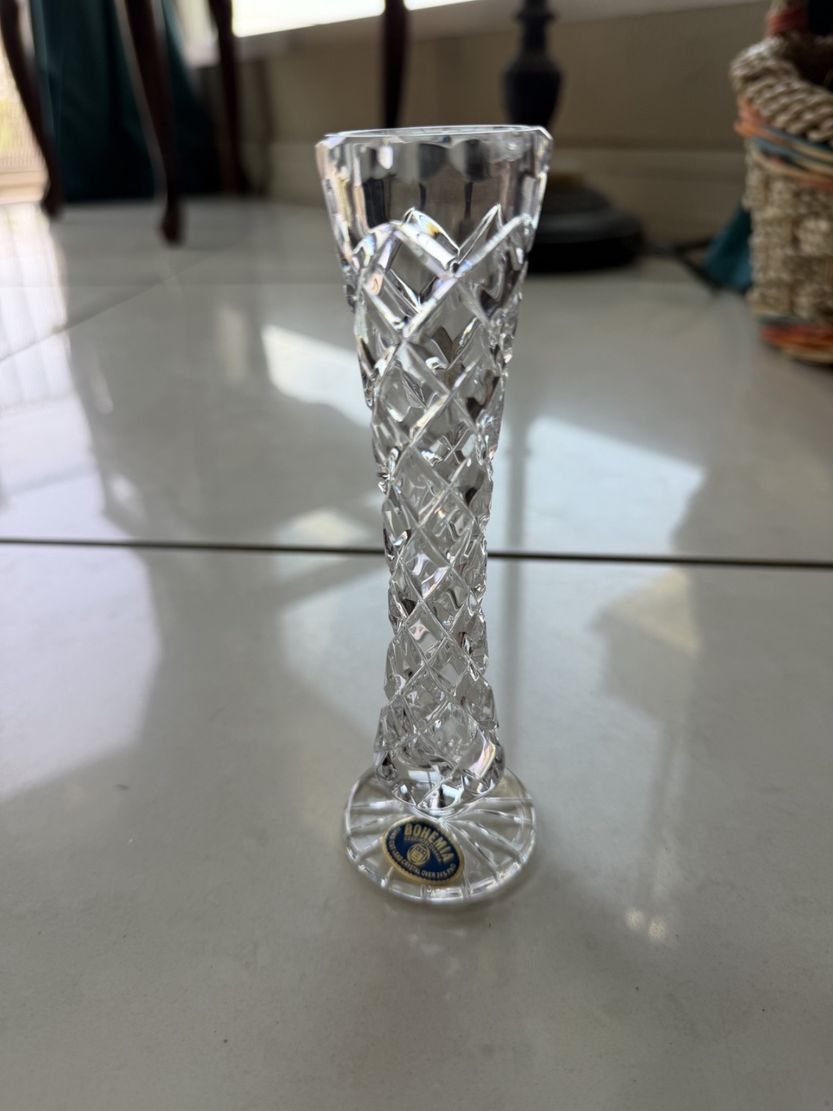Bohemia Czechoslovakia Hand Cut Clear Lead Crystal Small Bud Vase 6″h