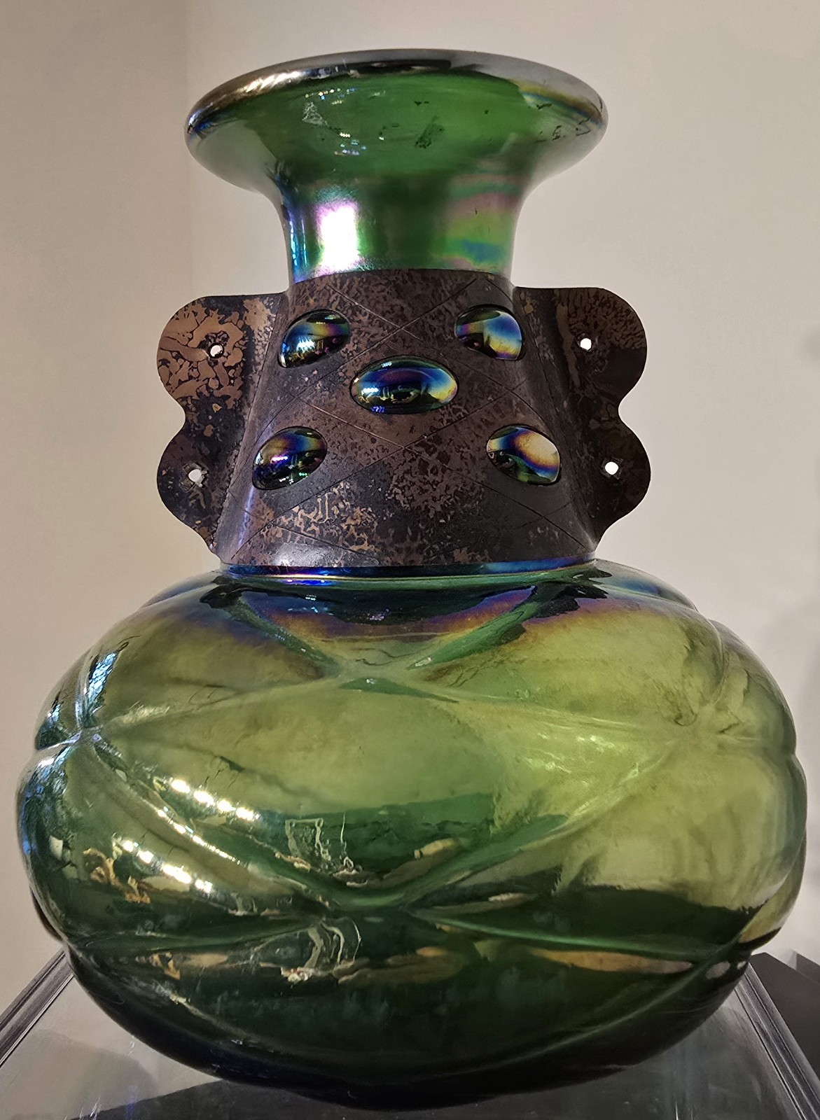 MCM Silvestri Brutalist Caged Iridescent Green Vase Mid Century Modern
