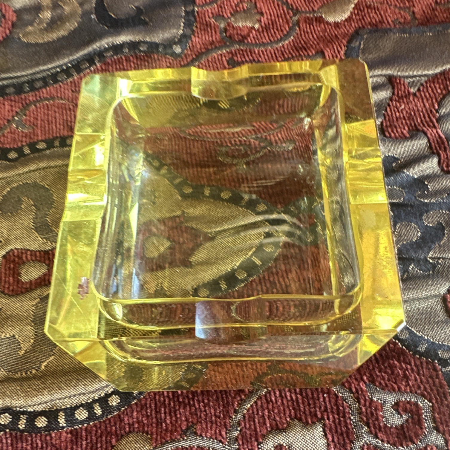 Yellow & Clear Square Pressed Glass Ashtray Decorative Tabletop Accent