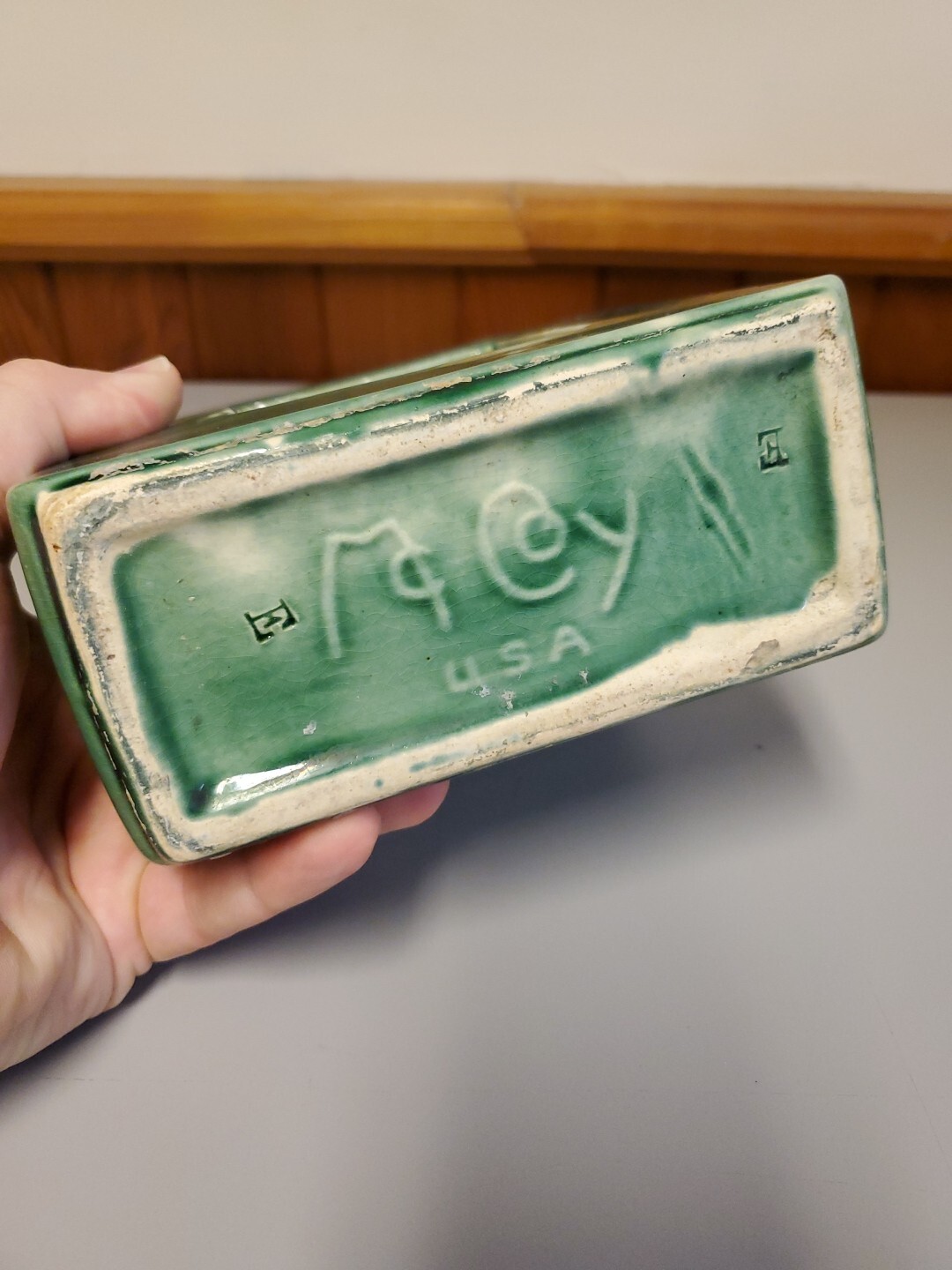 RARE 1950’s McCoy Double Shadow Box Square Green Vase with Yellow Bird