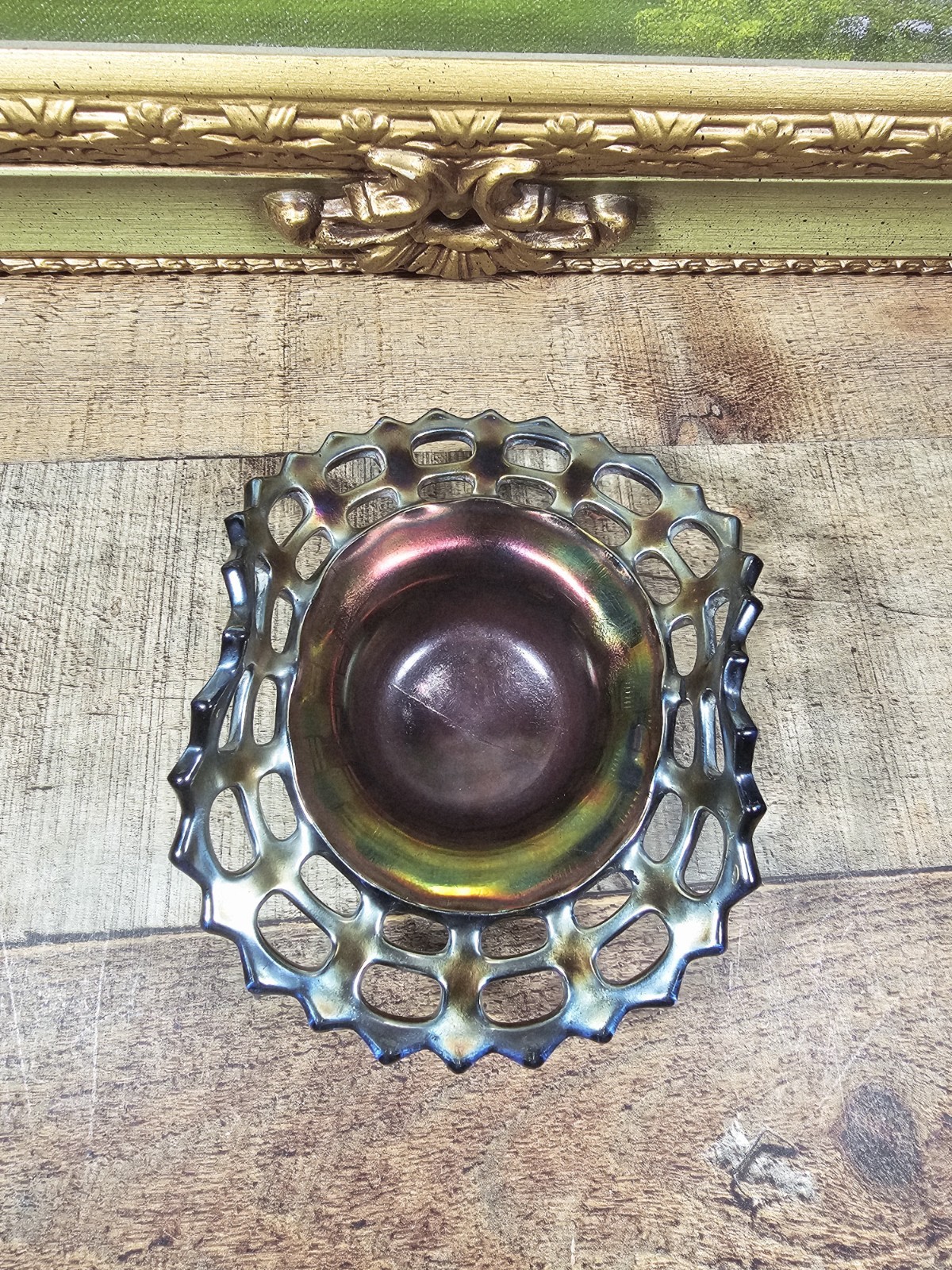 VTG Fenton Carnival Glass Basket Weave Dish Open Lace Cobalt Base