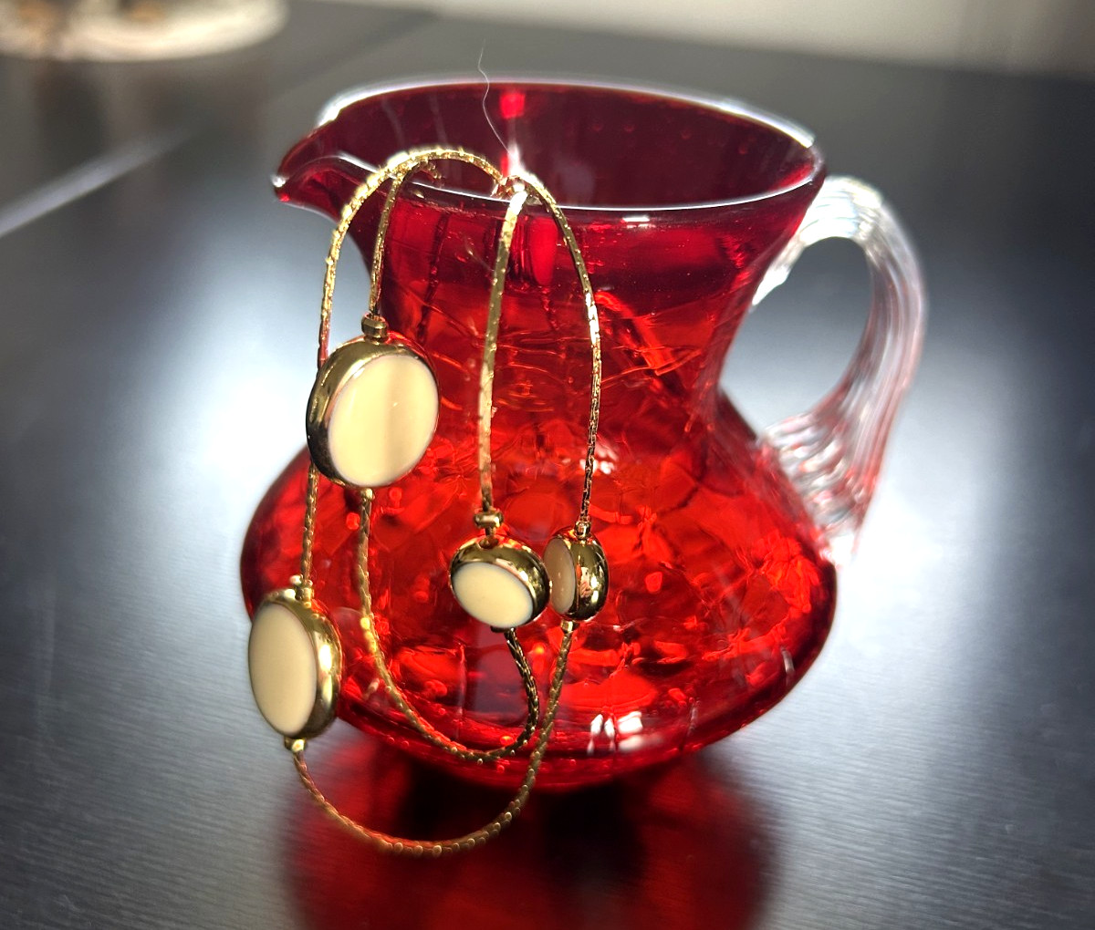 Vintage Hand Blown Ruby Red Crackle Glass Mini Pitcher Clear Handle 3.5″