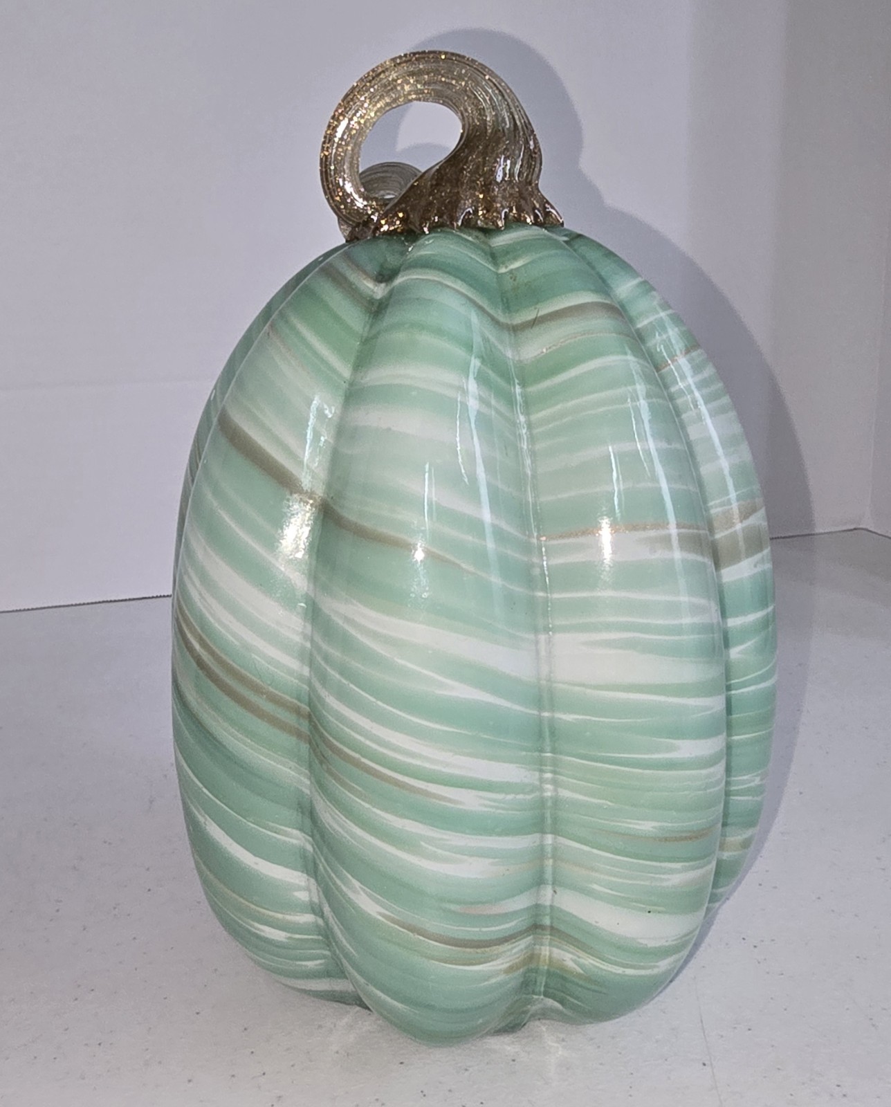 Hand Blown Art Glass Pumpkin Green White Marbled Swirl Gold Glitter Stem 8.5″