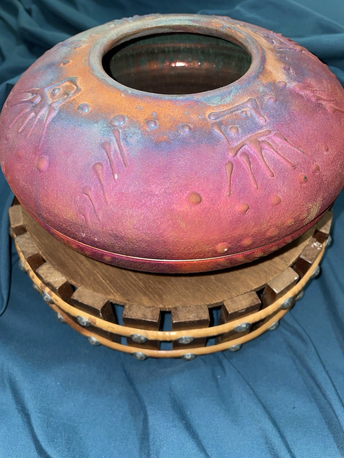 Spaulding Taylor Signed Raku Vase Inlaid Copper Wire Wrap High Iridescent Colors