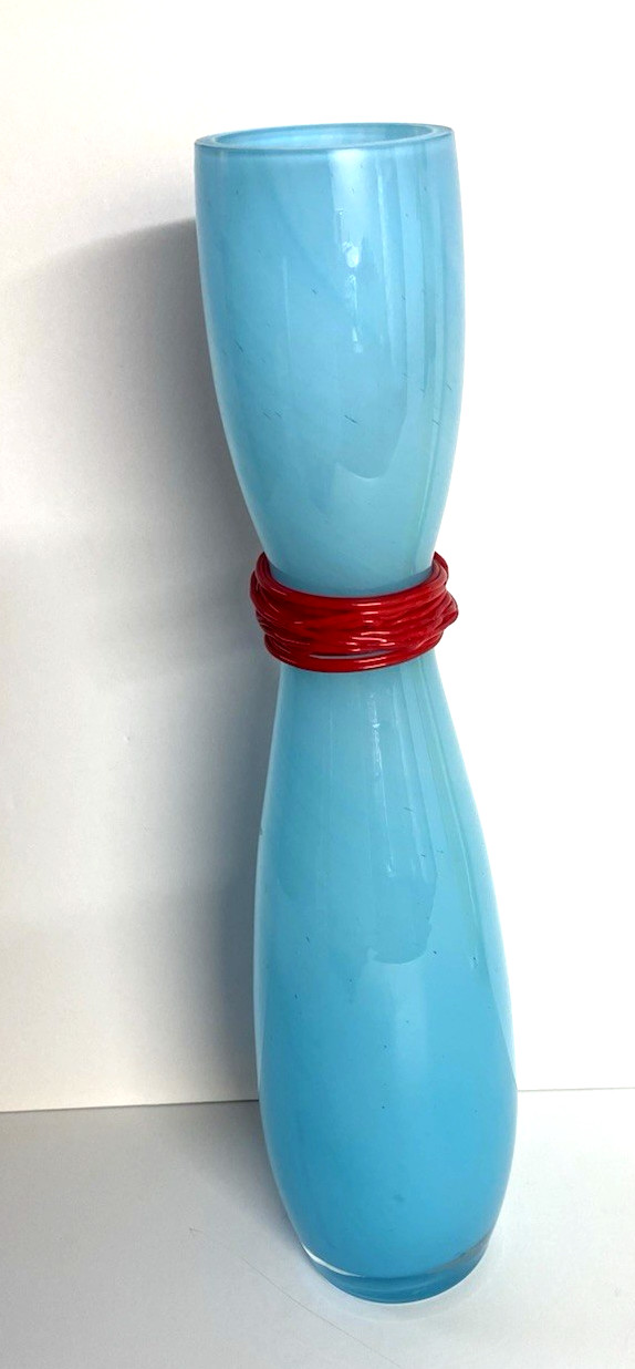 Rony Plesl Czech Art Glass Turquoise & Red Vase Hand Blown Signed 13″