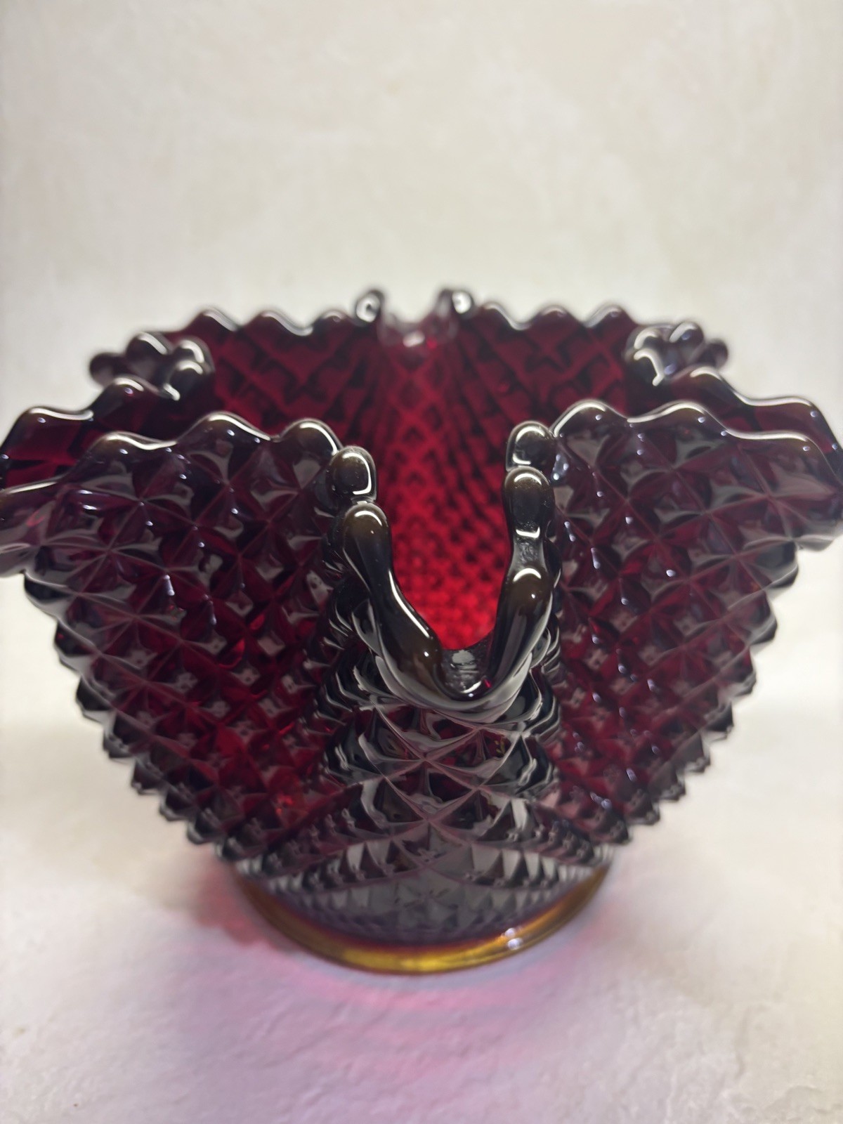 VTG Fenton Deep Red Ruffled Edge Hobnail Rose Bowl Vase 6 Inch