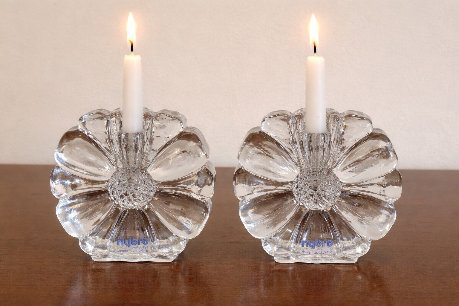 Vtg Nybro Sweden Crystal Flower Candle Holders Pair Paul Isling Daisy Glass