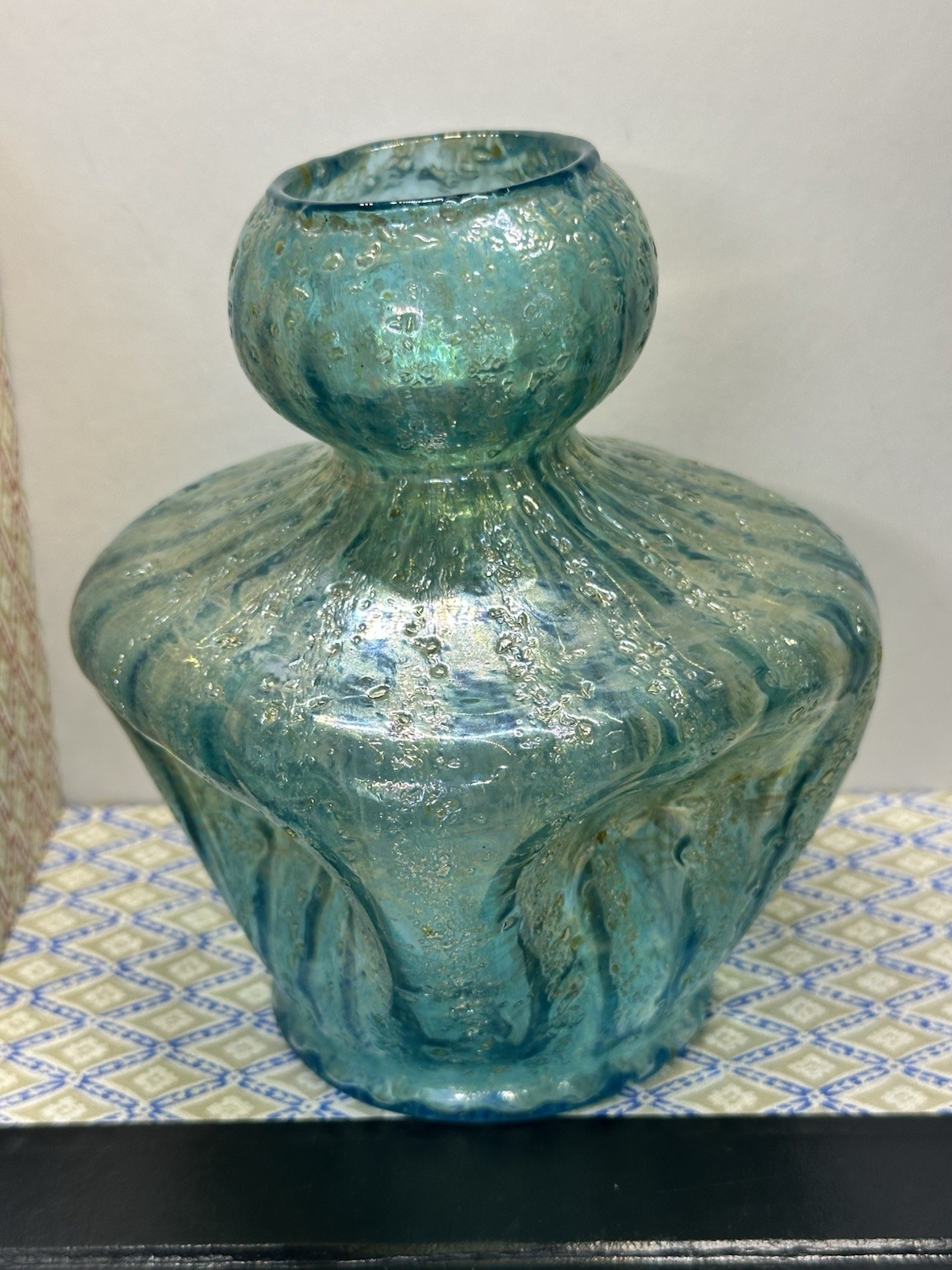 Antique Dugan Glass Iridescent Blue/Green Sq Vase-Round Pinched Early 1900’s 6″