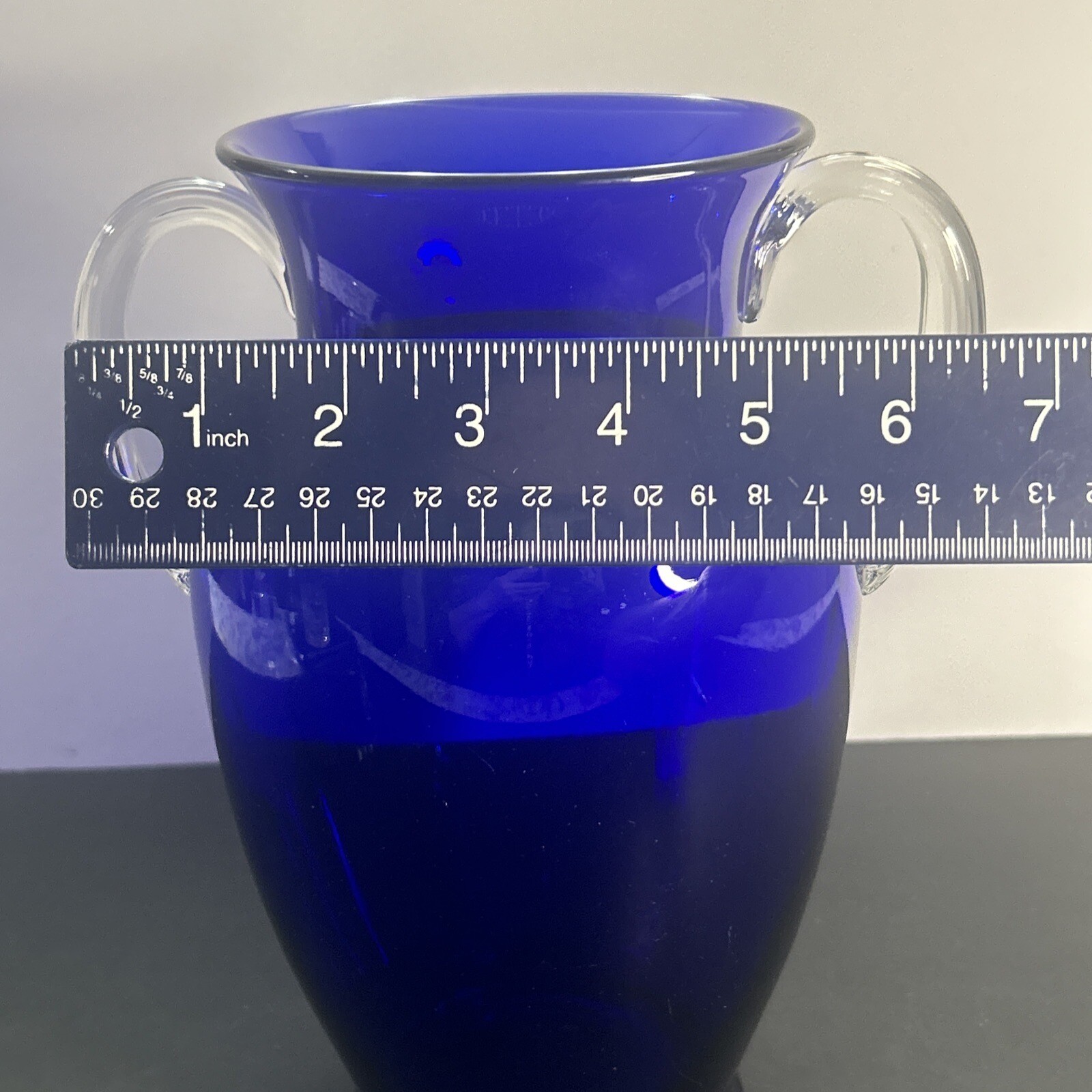 Vintage Louie Cobalt Blue Line 20 Clear Applied Handle 9.75″ Vase ~ READ~
