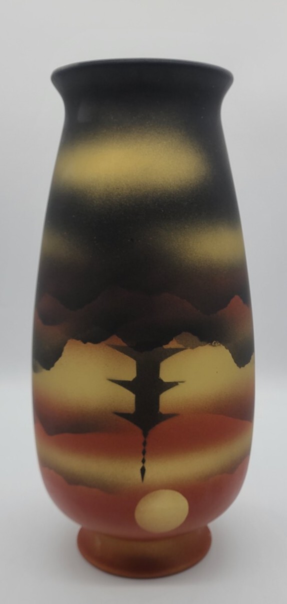 MCM Japanese Utsuwa Airbrush Landscape Pagoda Mountains Ceramic Floor Vase