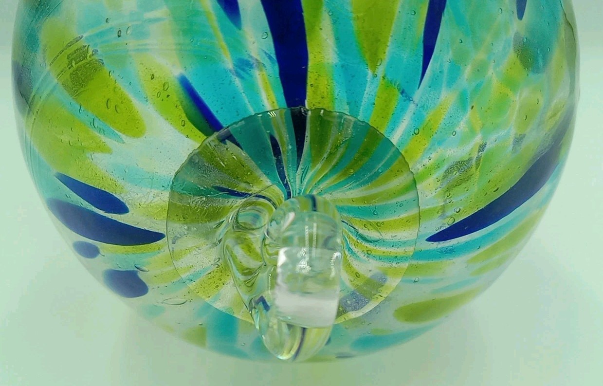 Green And Blue Multi Colored Ornament Orb, Hand Blown Art Glass