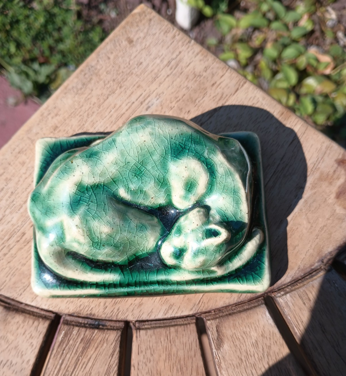 Excellent Condition Pewabic Pottery Sleeping Cat Paperweight of the Series 2004