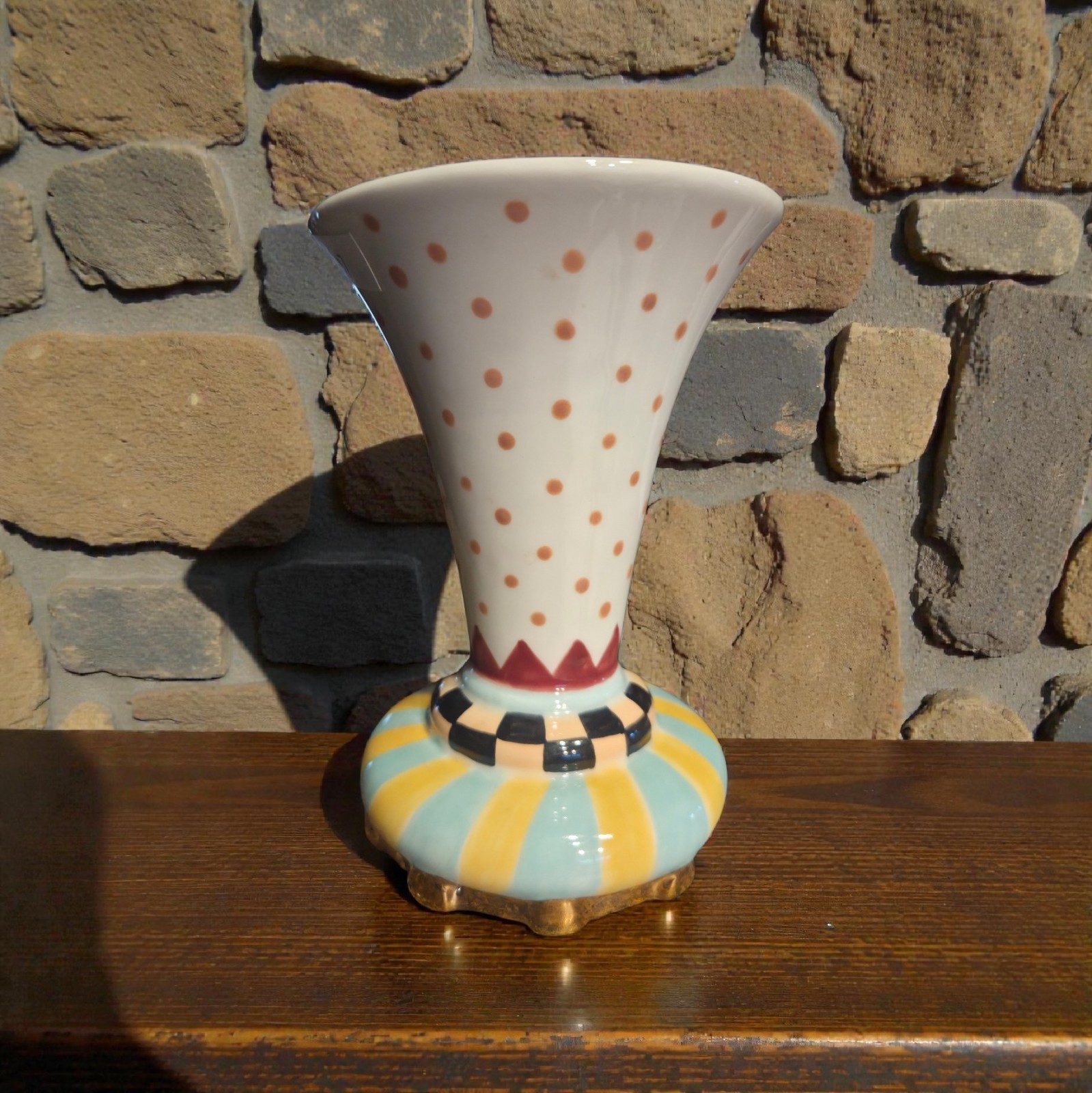 Handpainted Porcelain 5.5″ Vase Swirl Circus Black White Check Polka Dot READ
