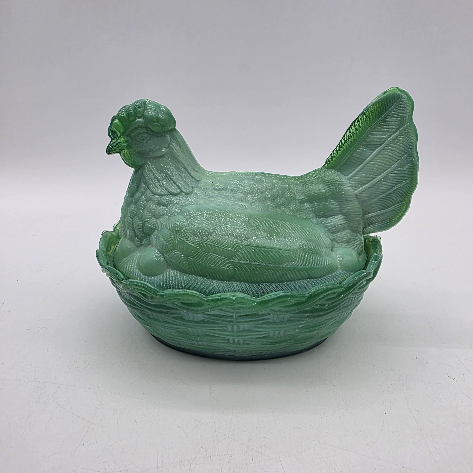 Green Slag Glass Hen on a Basket Covered Candy Dish 6″