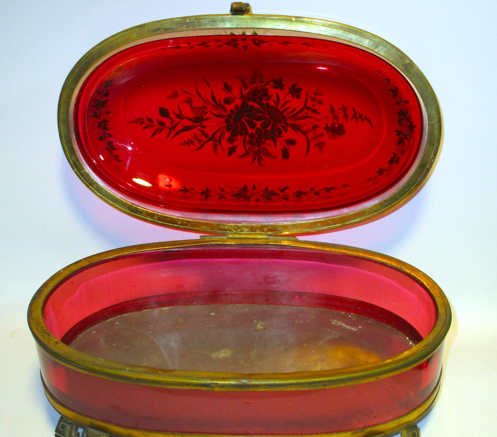 Massive Egyptian Revival Ormolu Cranberry Glass Box Casket Pharoah Heads AMAZING