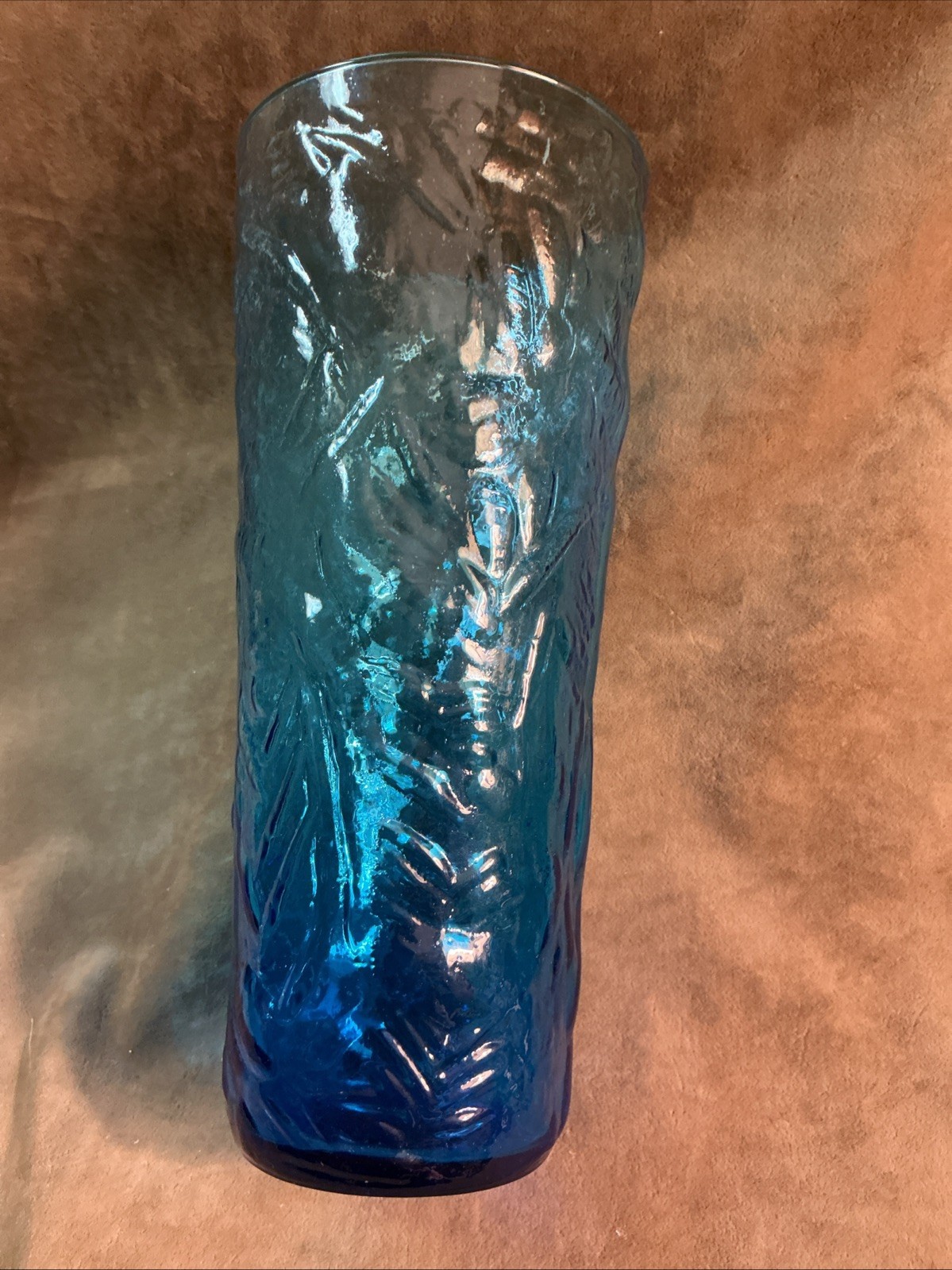 1950S Seneca Glass Peacock Blue Tropical Leaf Pattern Flower Vase