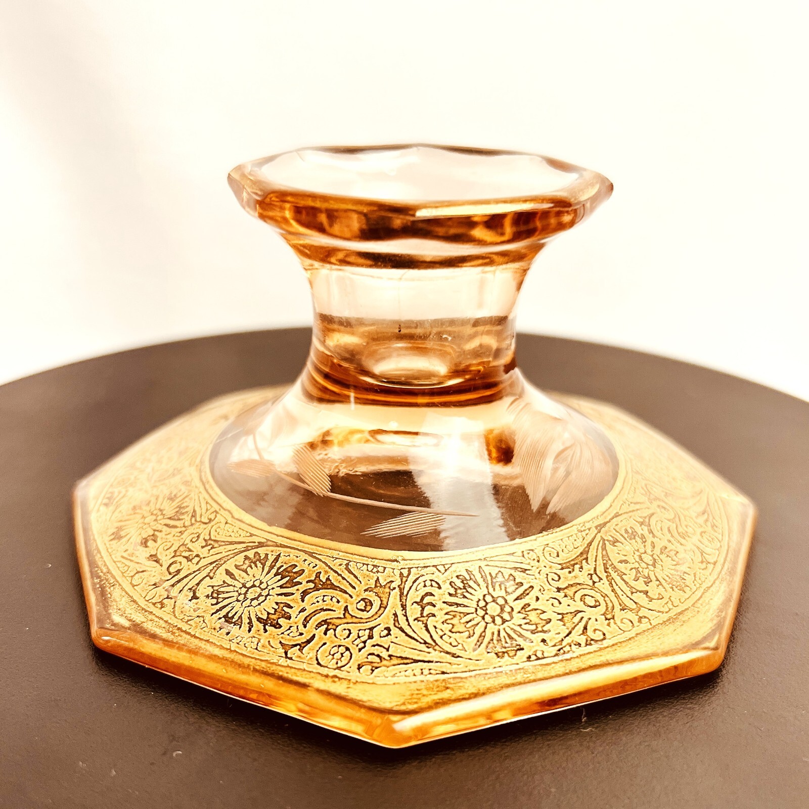 Tiffin Franciscan Vintage Rosy Pink Candlestick Holder US Glass Gold Encrusted
