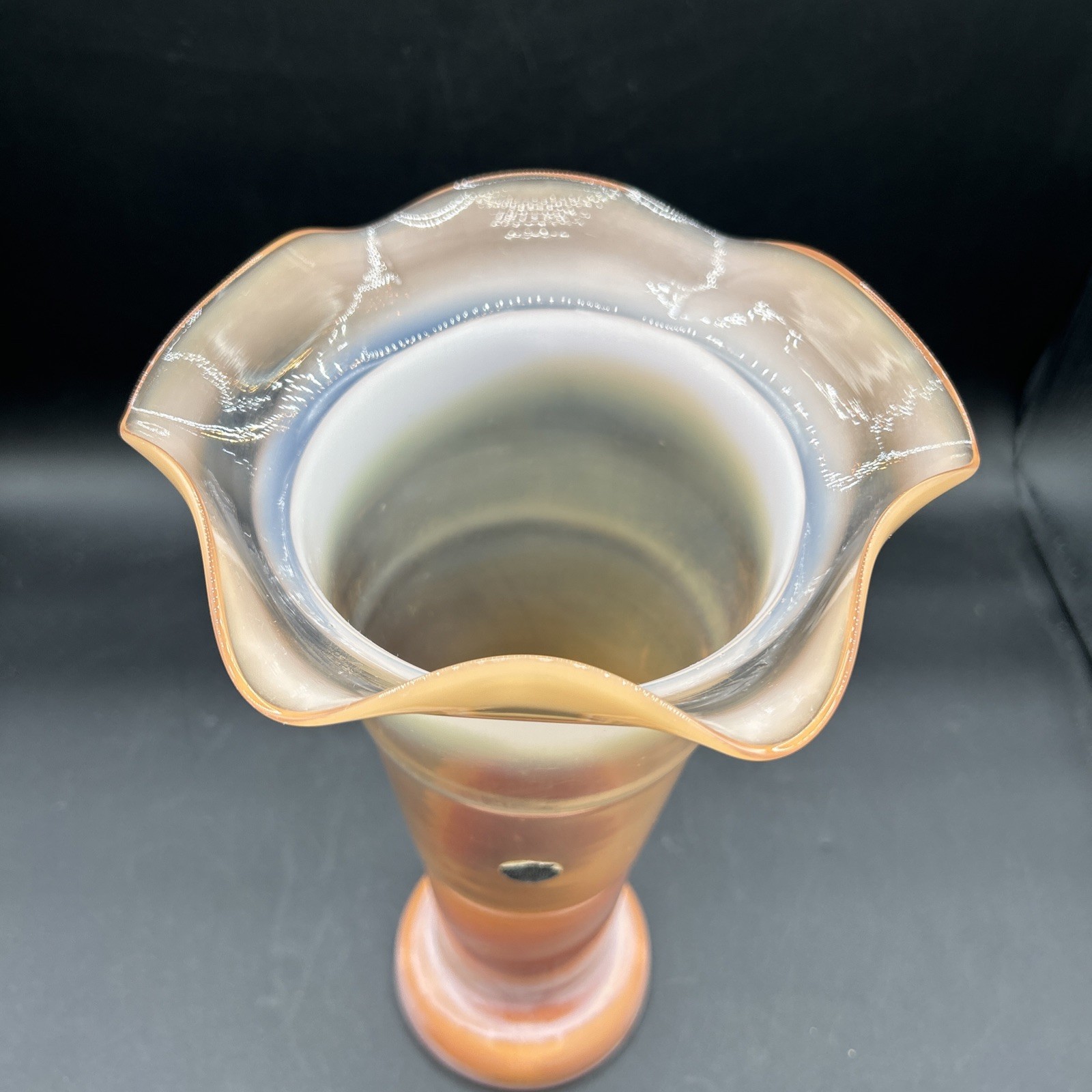 Altaglass Hand Blown Ruffled Edge Vase Peach White Opalescent Slag, Tall