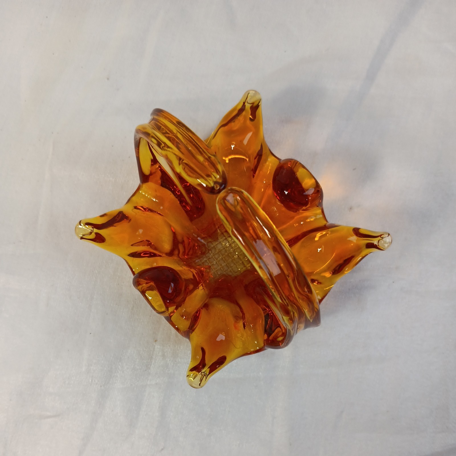 Beautiful Amber Chalet Art Glass Trinket Basket 3.5″H Cadmium Glow