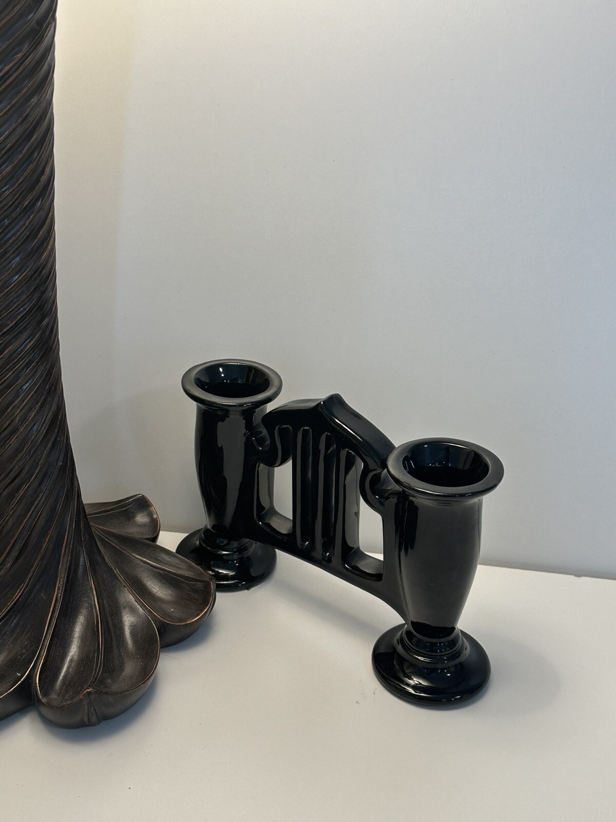 Roseville Pottery “ Rosecraft Black” Double Bug Vase Shape Number 46-5” In 1916