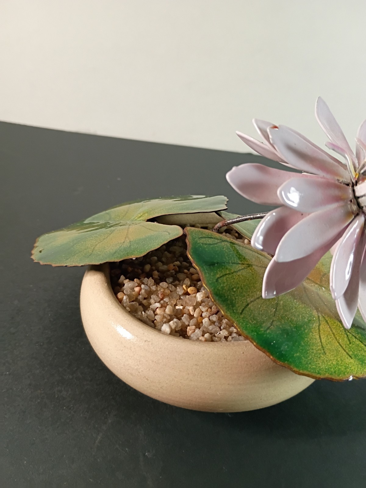 Vintage Enamel on Copper Metal Water Lily Figurine Nymphaea Odorata
