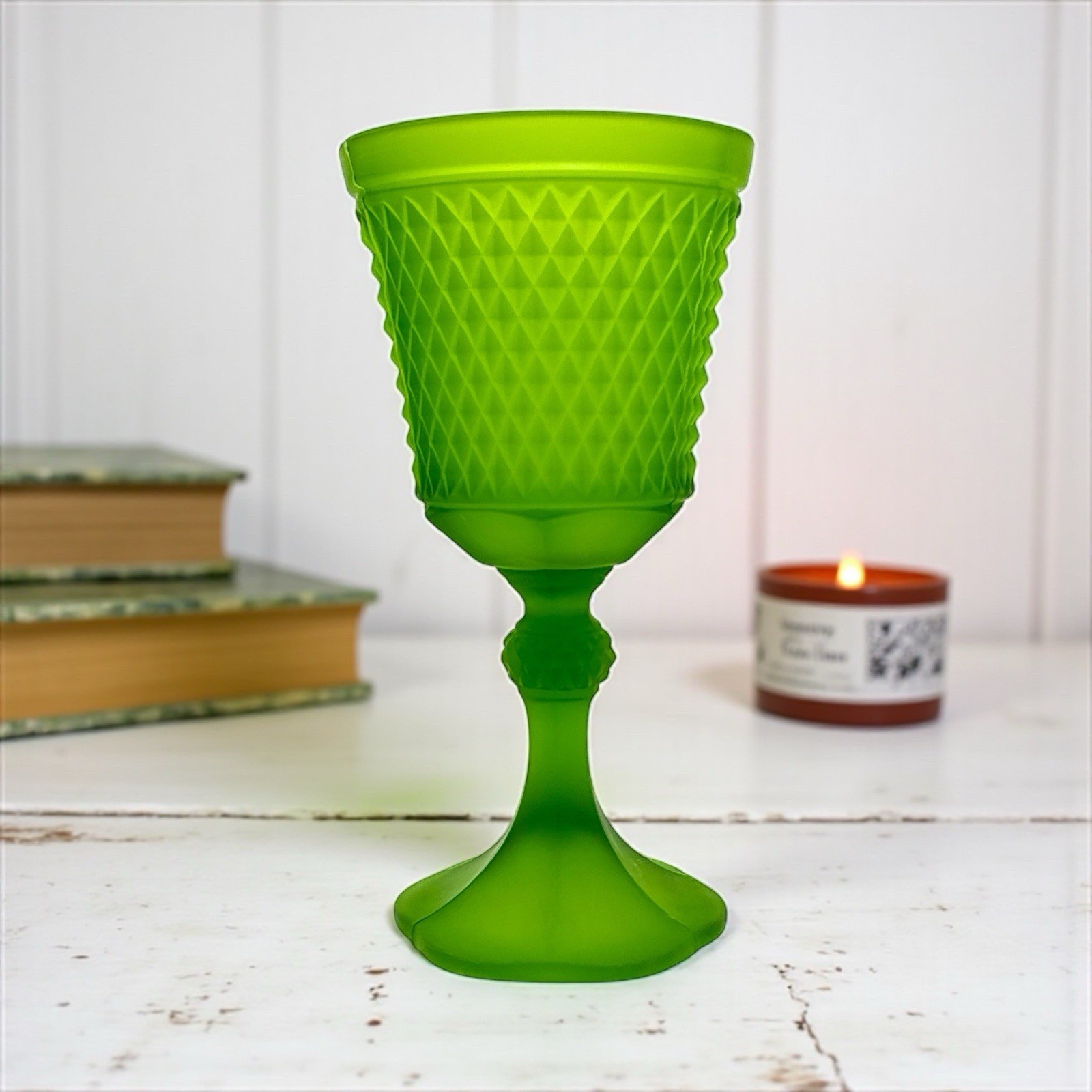 Westmoreland Green Satin Diamond Point Chalice Vase 11” Vintage Glass
