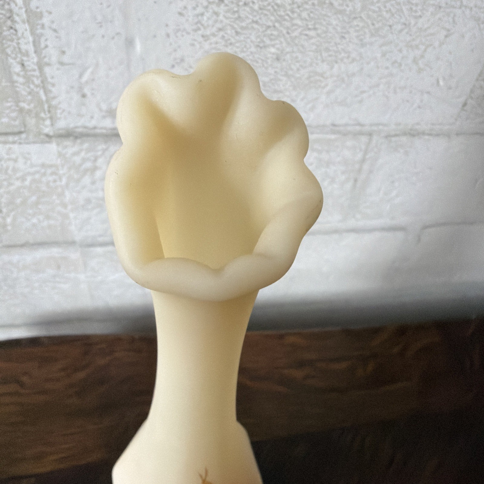 VTG Fenton Custard Satin Hand Painted Floral Signed Labeled Footed Bud Vase 8”